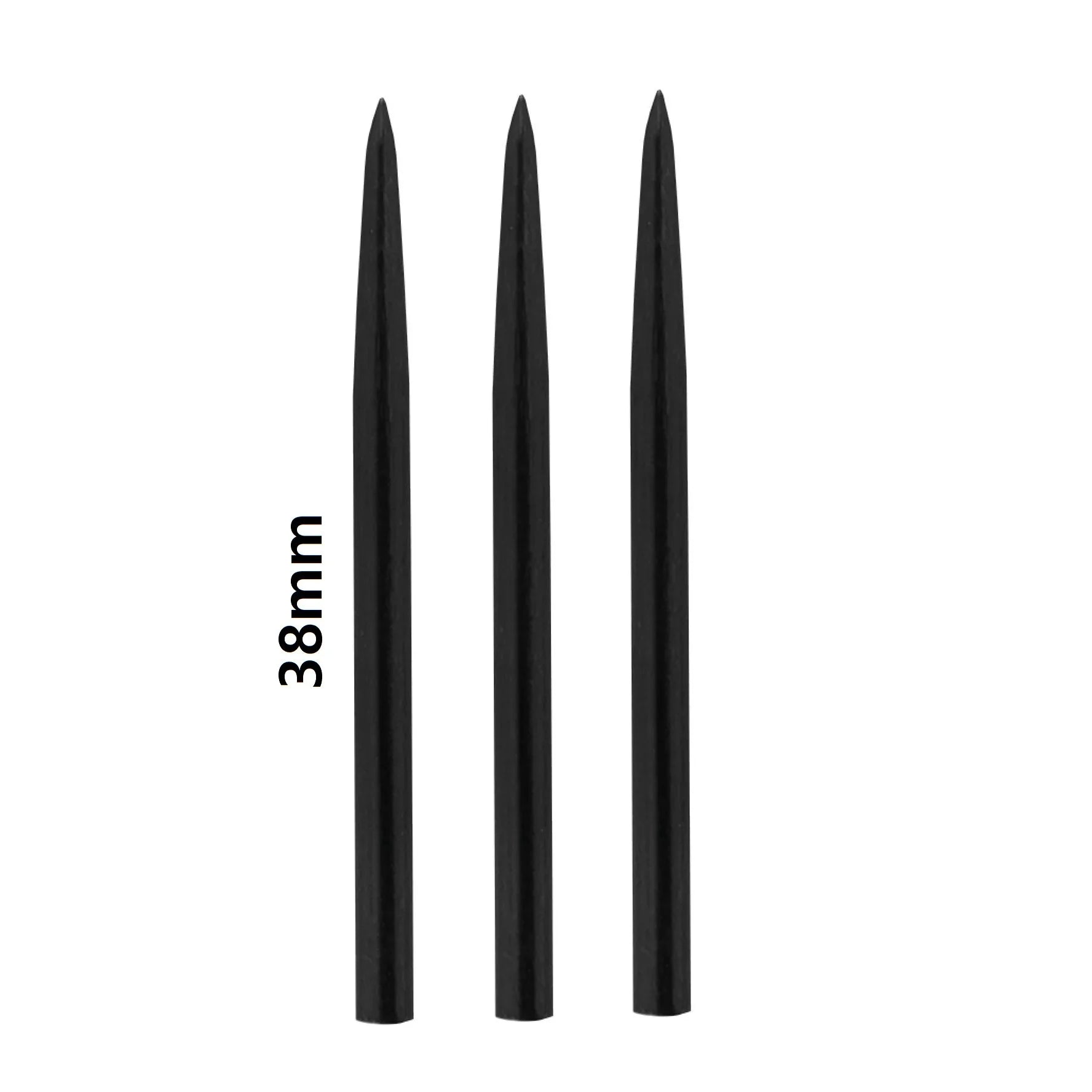 Drei 38 mm lange Bulls Steel Dart Point Black Spikes sind vertikal auf weißem Hintergrund angeordnet. Mit scharfen Spitzen und glatten Oberflächen sind sie genauso langlebig wie Stahl.