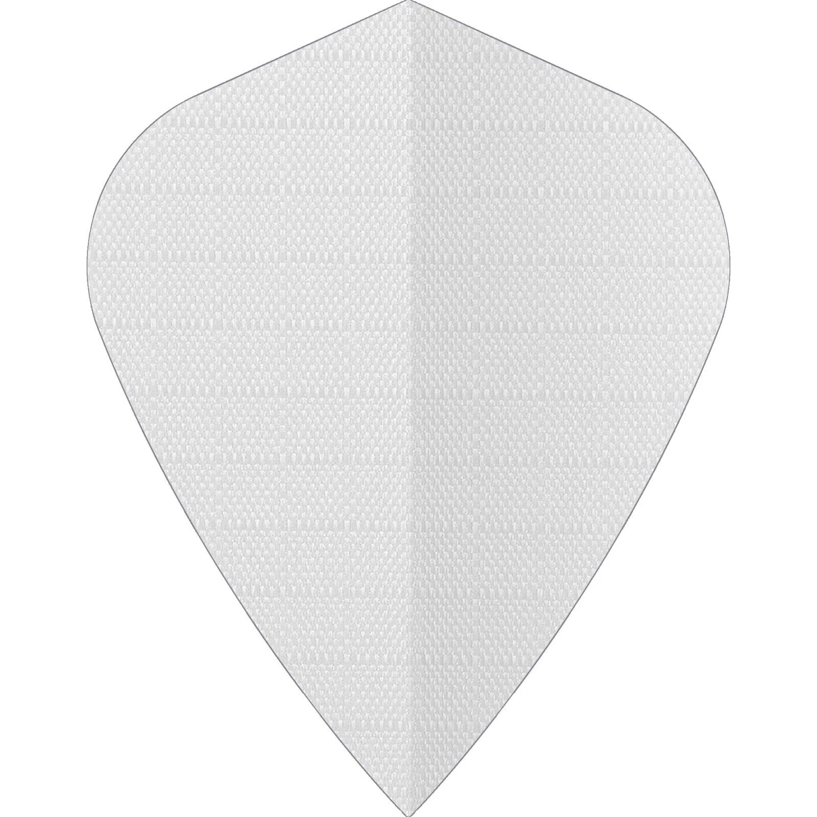 Der Dart Flight Kite von Designa aus Longlife Fabric Nylon „Stoff“ ist weiß und tropfenförmig mit einer gitterartigen strukturierten Oberfläche für besseren Halt. Er hat glatte, leicht abgeschrägte Kanten, die sich vom schlichten weißen Hintergrund abheben.
