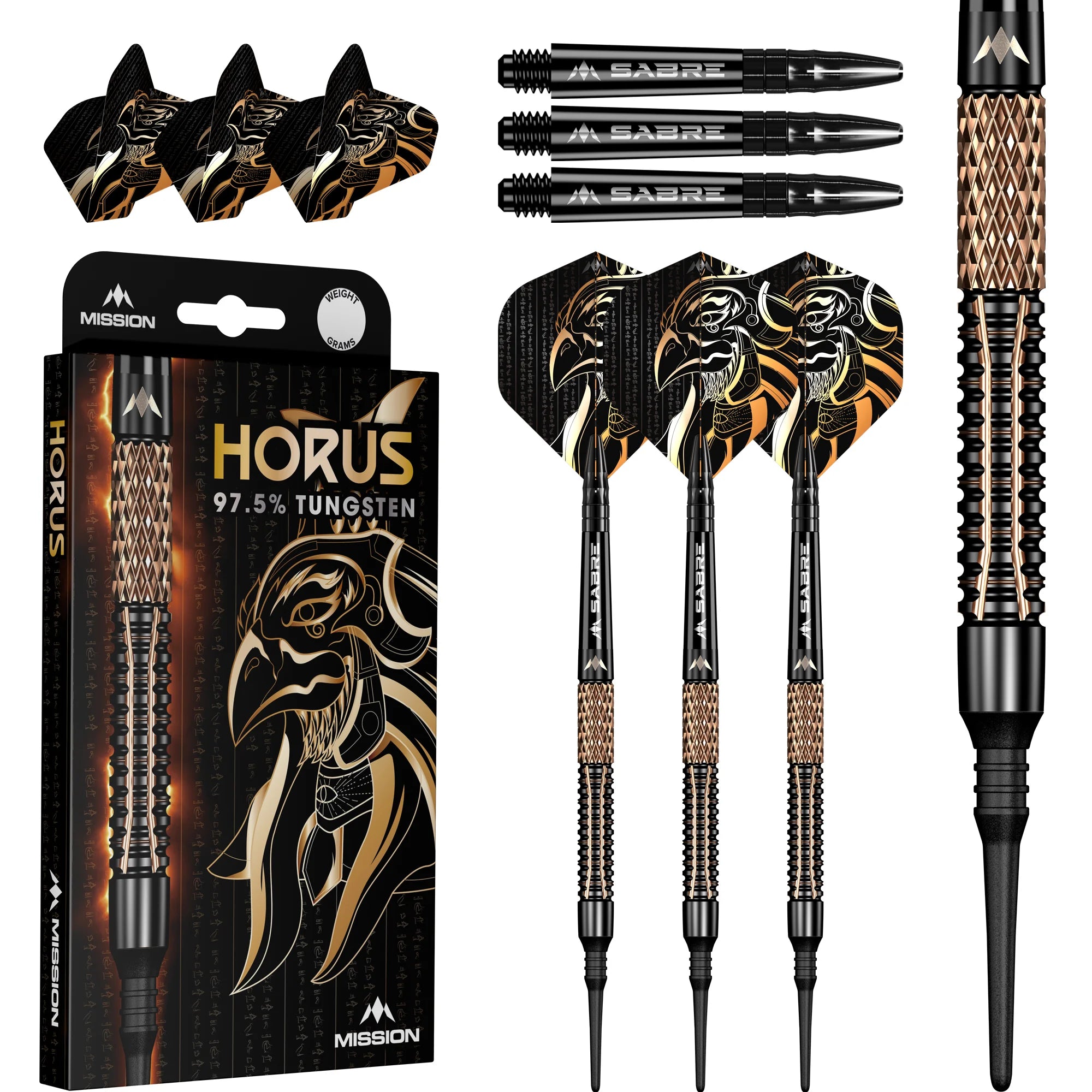 Der Mission HORUS Softdart 19 g/97,5 % verfügt über ein ägyptisch inspiriertes Design mit PVD-Beschichtung, detaillierten Gold- und Schwarzmustern und einem präzisen Griff. Das Set enthält drei montierte Darts plus drei Ersatzflüge, was die Qualität dieser Mission-Darts unterstreicht.
