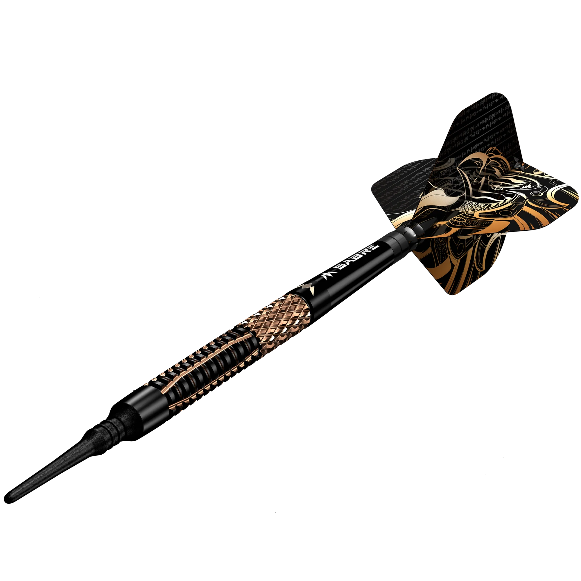 Der Mission HORUS Softdart 19 g/97,5 % von Mission verfügt über eine detaillierte Wolframkonstruktion mit schwarzer Nadelspitze, aufwendigem Metallgriff und verzierten schwarz-goldenen Flights, die mit einem wilden stilisierten Drachen geschmückt sind. Das Ganze wird durch eine PVD-Beschichtung aufgewertet, die für einen eleganten, modernen Look vor dem schwarzen Hintergrund sorgt.