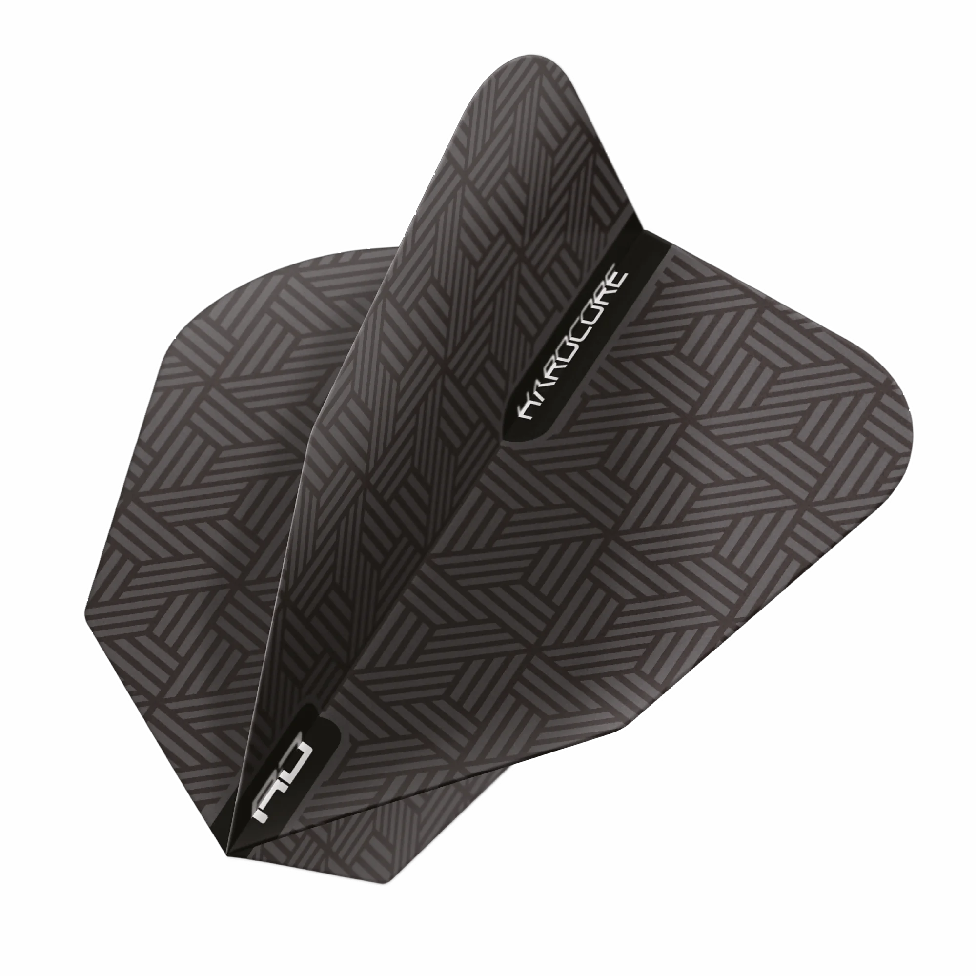 Ein Papierflieger mit sich kreuzenden dunkelgrauen Linien, die Winkel bilden, ähnelt dem Red Dragon HARDCORE V Dart Flight und verfügt über ein elegantes Design mit den Initialen „KYLECUIRE“ und den weißen „AD“ auf den Flügeln, gefertigt mit präzisen 100-Mikron-Details.