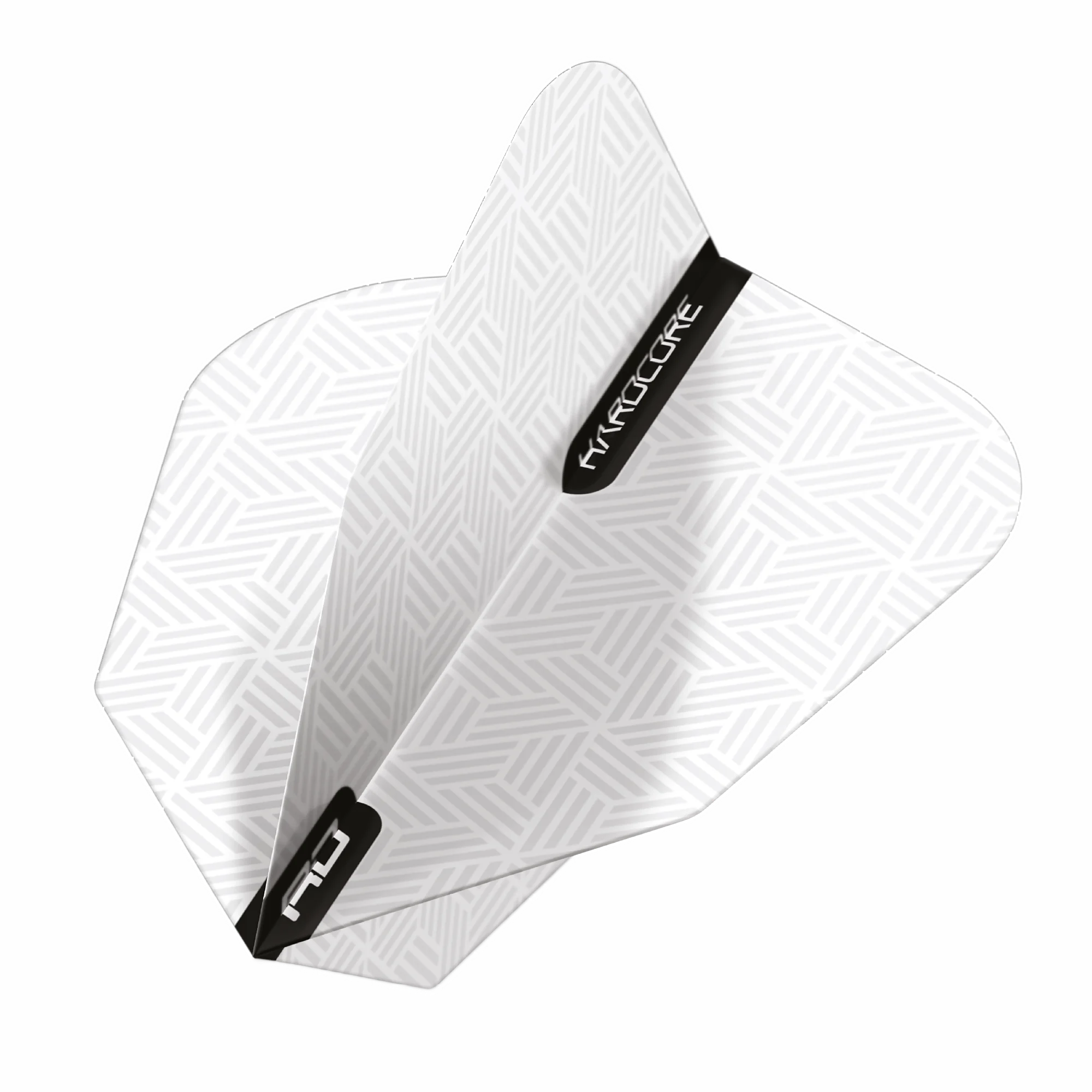 Ein weißes Papierflugzeug mit komplizierten geometrischen Mustern, „KAKUGEN“- und „FLO“-Logos auf schwarzen Bändern, zeigt ein modernes Zickzack-Motiv. Es enthält Red Dragon HARDCORE V Dart Flight-Elemente, die aus strapazierfähigem 100-Mikron-Material gefertigt sind.