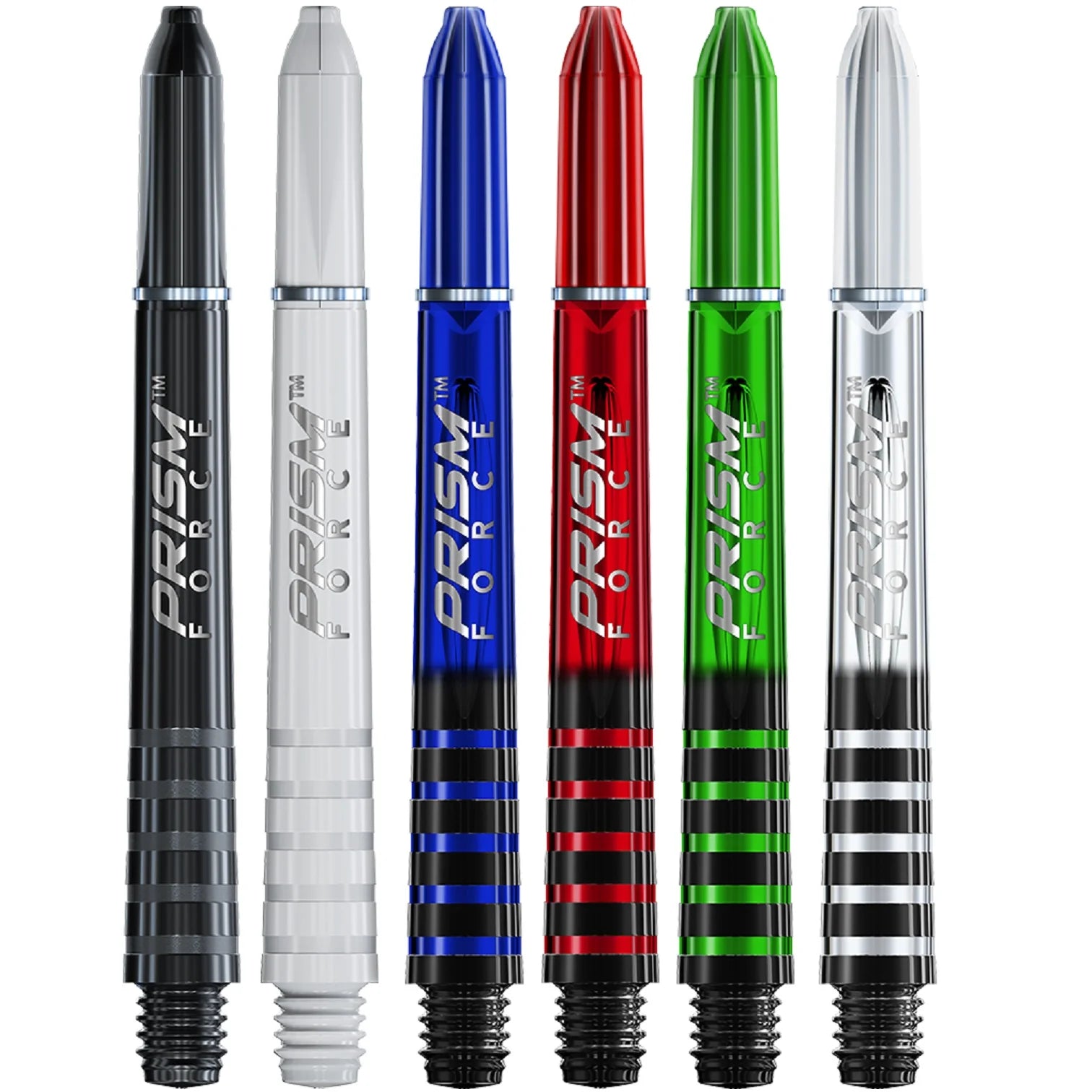 Sechs leuchtende Winmau Prism Force Dart-Schäfte stehen aufrecht in unterschiedlichen Farben: Schwarz, Weiß, Blau, Rot, Grün und Transparent. Mit einer robusten Polycarbonat-Konstruktion und einem ringförmigen Griff zeigt ihr metallisches Finish das „Prism Force“-Branding.