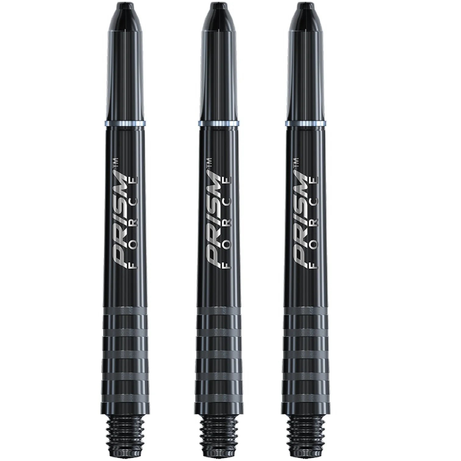 Drei vertikal angeordnete schwarze „Winmau Prism Force“-Dartschäfte, jeder aus robustem Polycarbonat mit Metallic-Finish und horizontalen Rillen für den Griff, liegen auf einem weißen Hintergrund. Diese Schäfte verfügen über Gewindeenden für die einfache Befestigung an Dartkörpern und gewährleisten mit ihrem ringförmigen Griff Präzision.