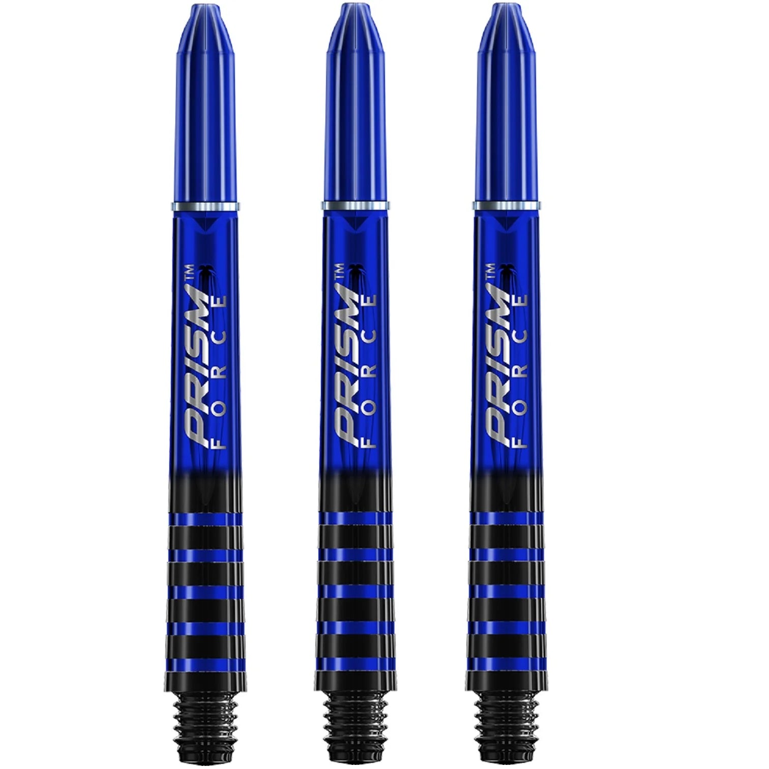 Die Winmau Prism Force Dart-Schäfte aus blauem Polycarbonat weisen den vertikalen Schriftzug „Prism Force“ in Weiß auf, haben einen Griff mit Ringen und schwarzen und blauen Streifen, Gewindeenden für eine einfache Dart-Montage und eine glänzende Oberfläche, die sich vom Weiß abhebt.