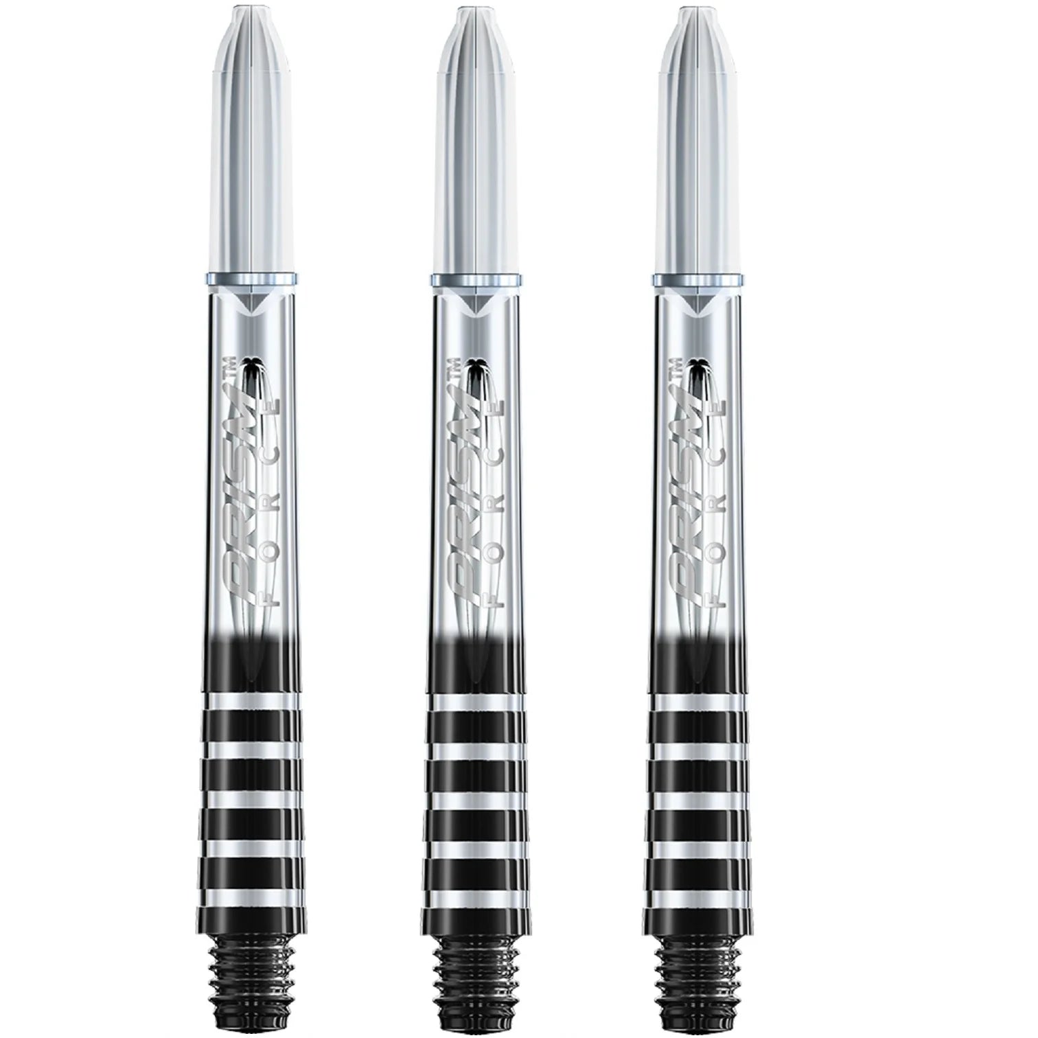 Der Winmau Prism Force Dartschaft besteht aus drei Polycarbonatschäften in Metallic-Silber mit ringförmigem Griffdesign, eingraviertem Branding und einer konischen Spitze zur Befestigung des Fluges. Sie haben an der Basis ein sichtbares Gewinde zur sicheren Befestigung des Schafts.