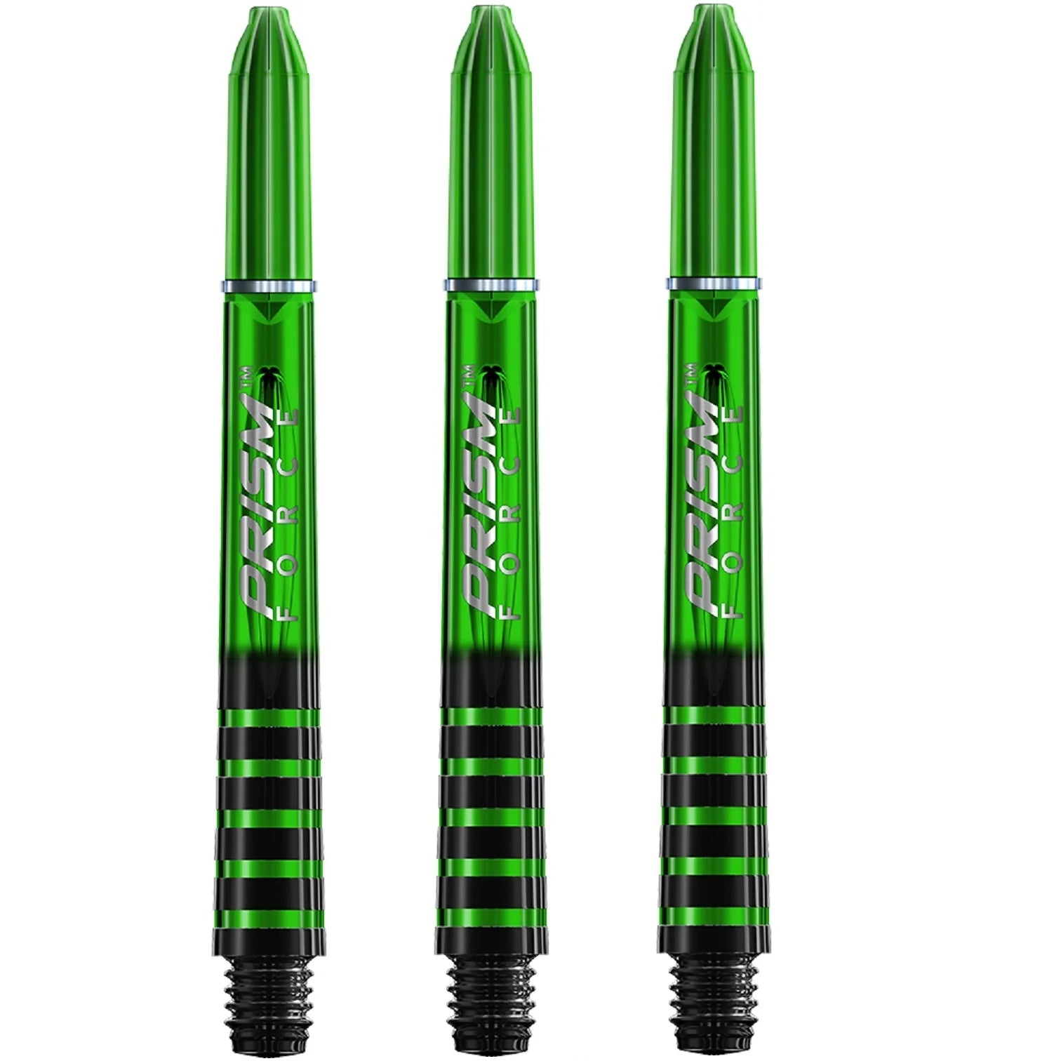 Drei schlanke, metallische Winmau Prism Force Dart-Schäfte in Grün mit schwarzen Akzenten und Ringen sind vertikal ausgerichtet. Diese Polycarbonat-Schäfte haben eine spitze Oberseite, eine Gewindeunterseite und abwechselnd dünne schwarze Linien in der Nähe der Basis für ein verbessertes Ringgriffdesign.