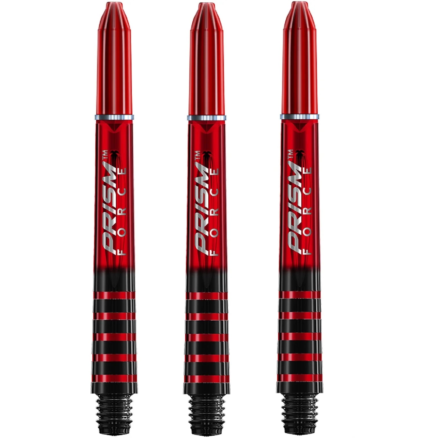 Vor einem weißen Hintergrund werden drei elegante rote Winmau Prism Force Dart-Schäfte mit schwarzen Griffringen und Gewindeenden aus Polycarbonat zur Montage von Flights und Barrels vertikal präsentiert.