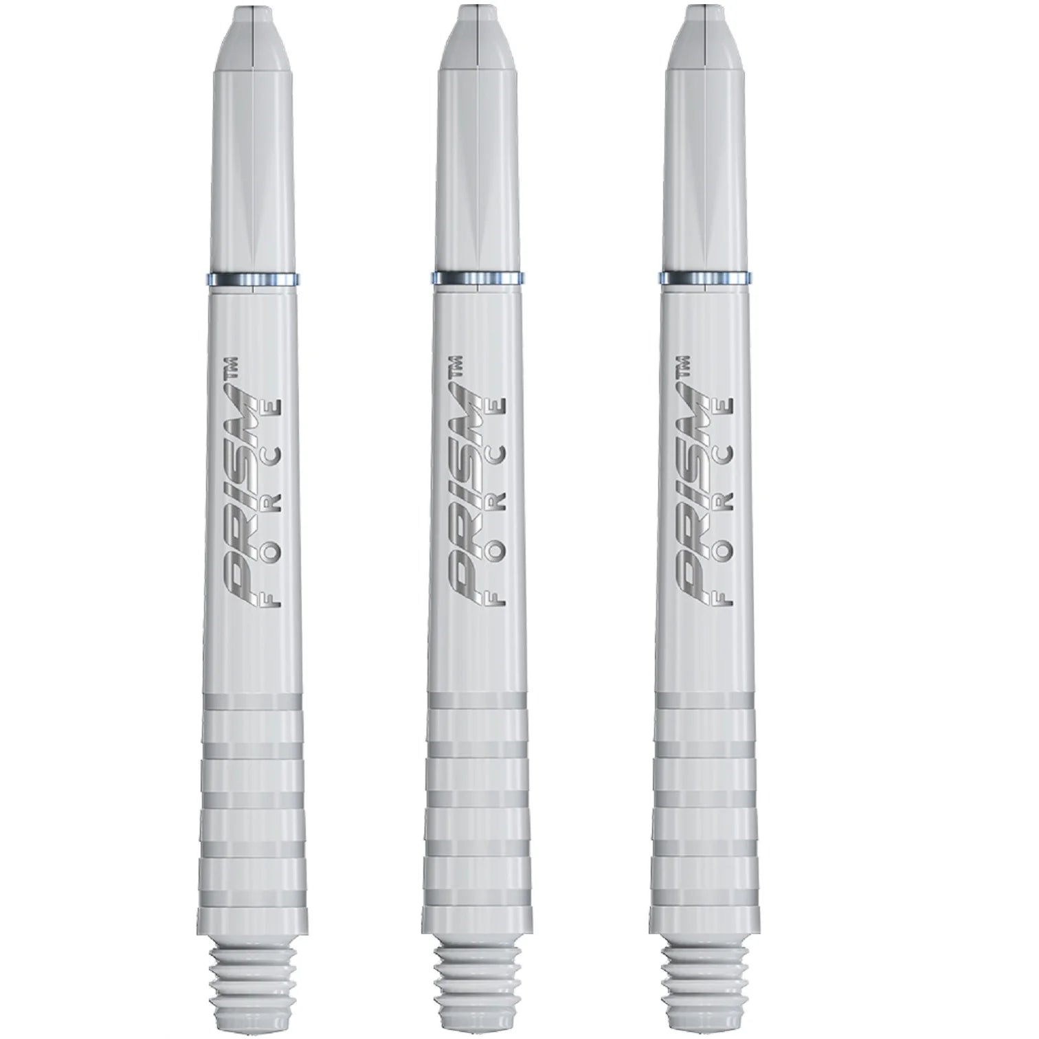 Drei vertikal ausgerichtete Winmau Prism Force Dart-Schäfte in Grau weisen einen strukturierten Ringgriff in der Nähe der Basis auf. Sie bestehen aus Polycarbonat und verjüngen sich nach oben und unten mit Schraubgewinden an der Unterseite zur Befestigung des Schafts.