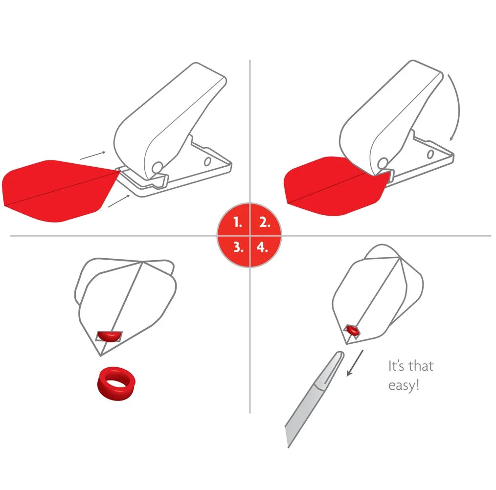 Eine illustrierte Anleitung in vier Schritten zum Falten eines Papierherzens mit dem One80 Dart Flight Punch: Oben links ist das gefaltete Papier am Stanzring ausgerichtet, oben rechts wird der Ring angedrückt, um eine Falte zu erzeugen, unten links wird ein Herz geformt und unten rechts ist das fertige rote Herz mit der Überschrift „So einfach geht das!“ zu sehen.